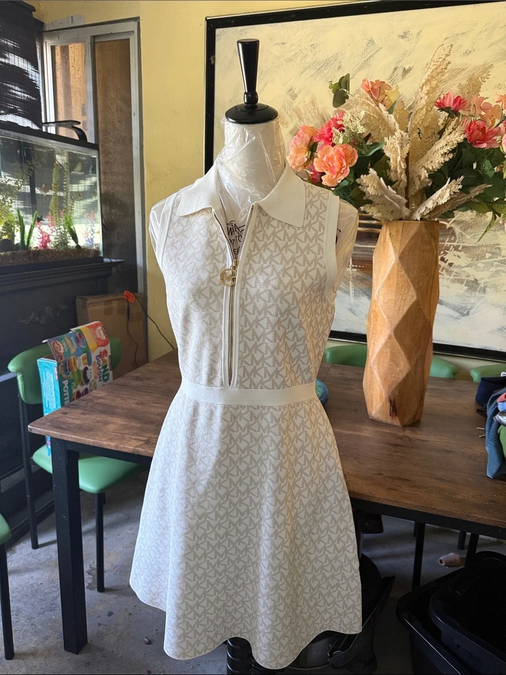 Michael Kors Cream-and-White Sleeveless Zip-Front A-Line Mini Dress